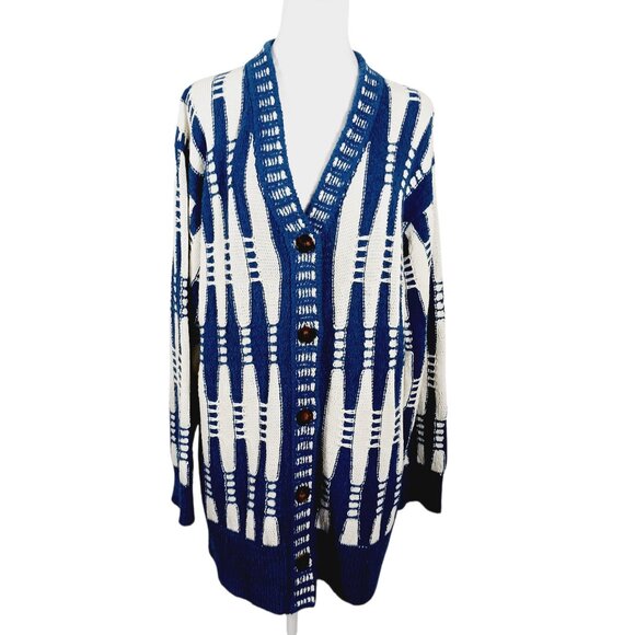 Lafayette 148 New York Sweaters - Lafayette 148 New York Cotton & Silk Cardigan, Blue & White Geometric, Size MED